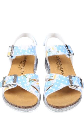 Monnalisa Light Blue Sandals For Girl With Daisies