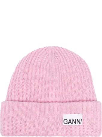 Ganni Cappello Rosa In Lana Ricicata E Logo