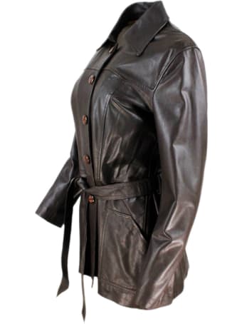 Barba Napoli Three-quarter Length Leather Jacket With Belt And Button Closure.