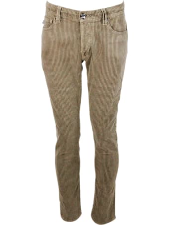 Sartoria Tramarossa Leonardo Trousers In Velvet With Wide French Rib In Stretch Cotton With Five America Pockets With Tailored Stitching