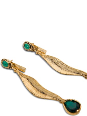 Alberta Ferretti Golden Metal Earrings With Green Stones