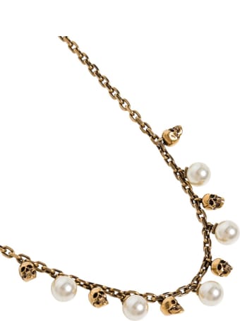 Alexander McQueen Skull Necklace In Antique Brass With Pearls