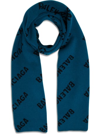 Balenciaga Petrol-colored Organic Wool Scarf With Allover Logo