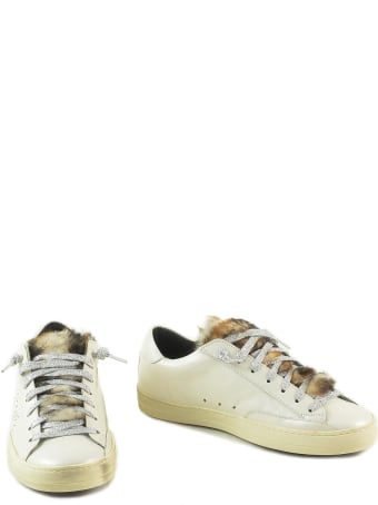 P448 White Leather And Eco-fur Women's Flat Sneakers