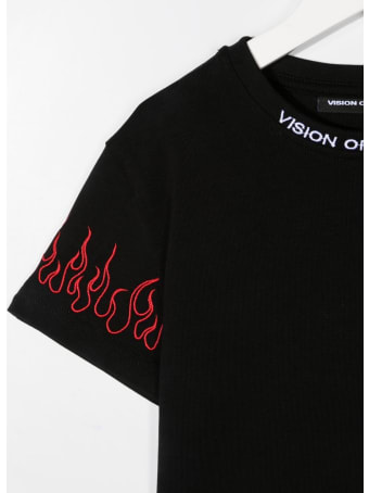 Vision of Super Unisex Kid Black T-shirt With Embroidered Red Flames