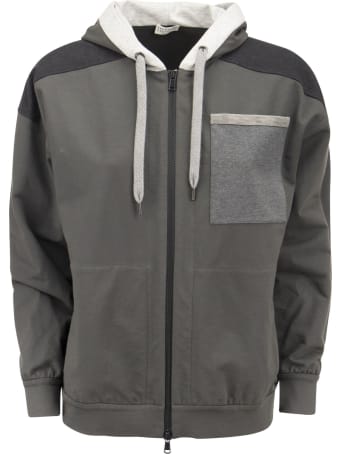 Brunello Cucinelli Paneled Topwear In Light Stretch Cotton Fleece With Hood And 'shiny Patch Pocket'.