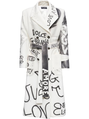 Dolce & Gabbana Graffiti Wool Blend Long Coat With Belt