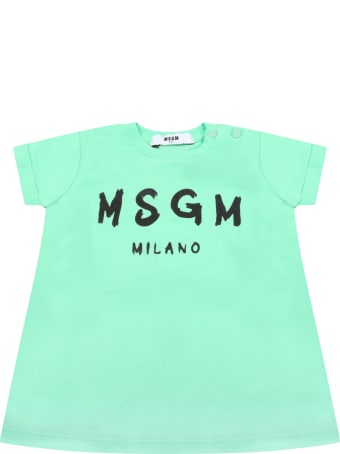 MSGM Mint Green Dress For Babygirl With Logo