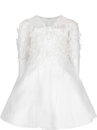 Loredana White Dress For Girl With Flowers And Feathers
