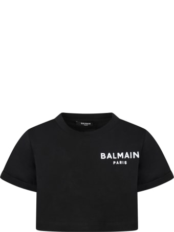 Balmain Black T-shirt For Girl With White Velvet Logo
