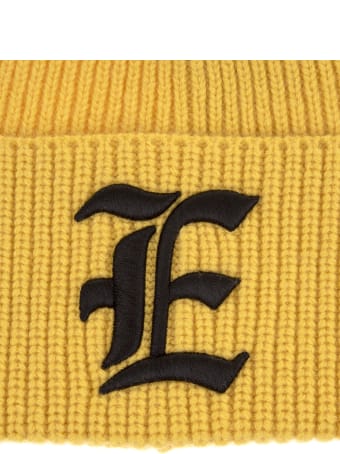 Ermanno Scervino Yellow Beanie In Ribbed Knit With Monogram Logo