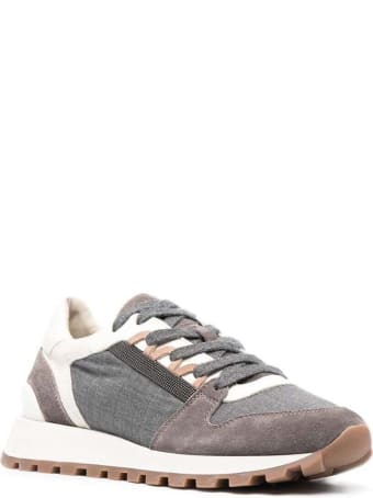 Brunello Cucinelli Leather And Fabric Panel Sneakers With Monile Detail