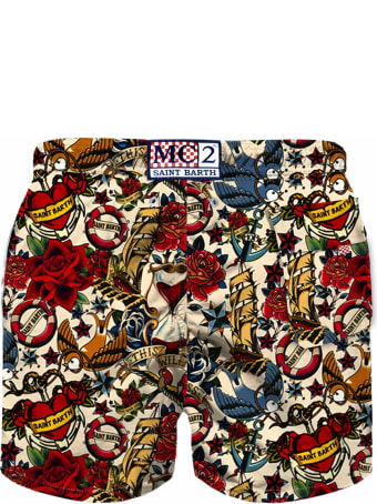 MC2 Saint Barth Tattoo Print Boy Swim Trunks