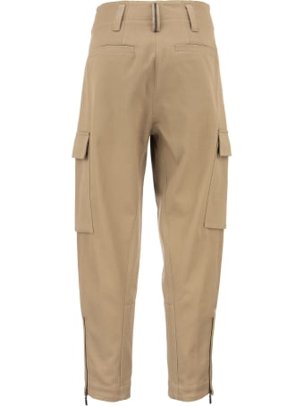 Brunello Cucinelli Dyed Couture Denim Ergonomic Barrel Leg Trousers With Cargo Pockets, Monili And Ankle Zippers