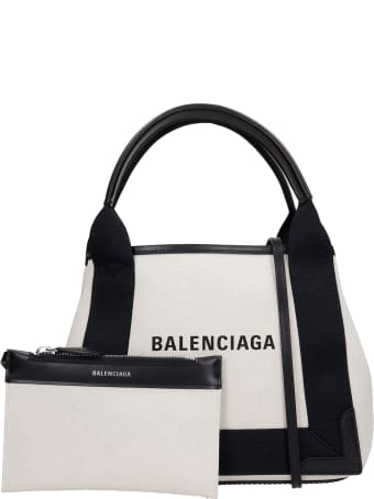 Balenciaga Navy Cabas Xs Tote In White Fabric
