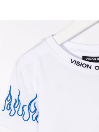 Vision of Super Unisex Kid White T-shirt With Embroidered Blue Flames