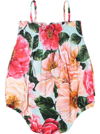 Dolce & Gabbana Light Blue Romper For Babygirl With Camellias