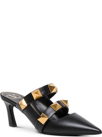Valentino Garavani Black Leather Roman Stud Mules