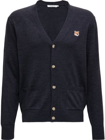 Maison Kitsuné Black Wool Cardigan With Front Patch