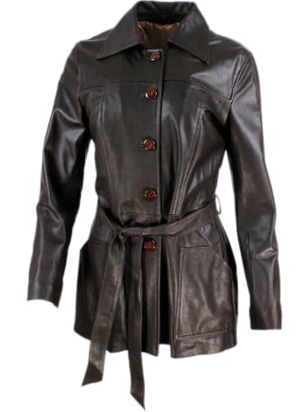 Barba Napoli Three-quarter Length Leather Jacket With Belt And Button Closure.