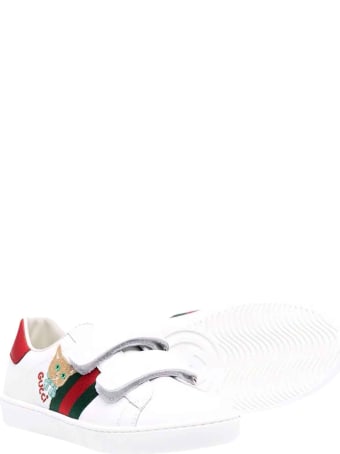 Gucci White And Red Sneakers With Strap Frontal Closure, Round Tip And Logo