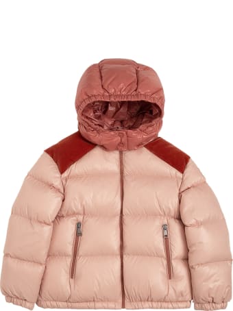 Moncler Pink And Red Nylon Down Jacket With Logo Print