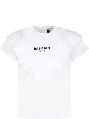 Balmain White Dress For Baby Girl With Logo