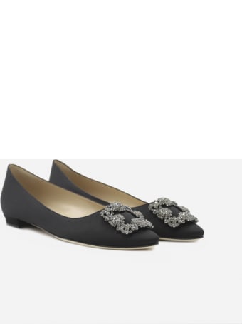 Manolo Blahnik Hangisi Satin Ballet Flats With Jewel Buckle