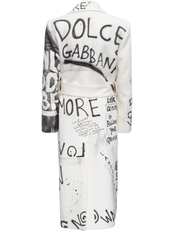 Dolce & Gabbana Graffiti Wool Blend Long Coat With Belt