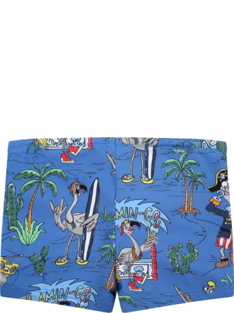 Stella McCartney Kids Blue Swim Short For Baby Boy With Grey Flamingos