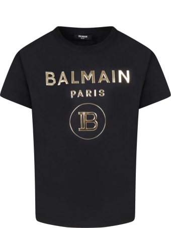 Balmain Black T-shirt For Kids With Double Golden Logo