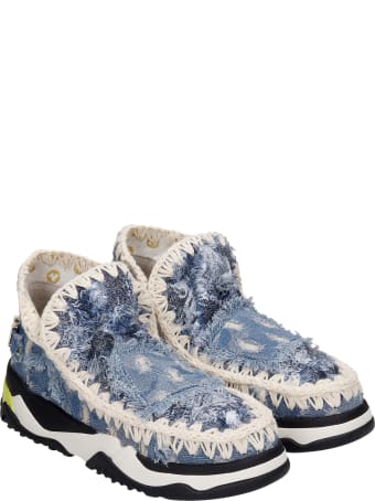 Mou Eskimo Trainer Low Heels Ankle Boots In Cyan Denim