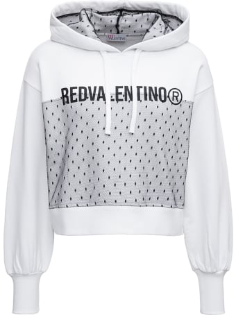 RED Valentino Cropped Hoodie In White Jersey With Contrasting Print And Point D'esprit Insert