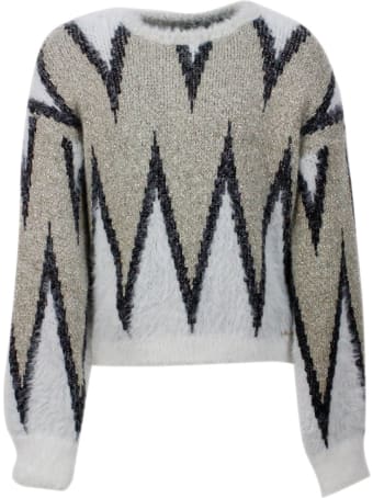 Liu-Jo Crew Neck Sweater With Furry Effect Embellished With Lurex Threads And Contrasting Color Print