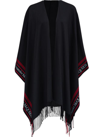 Alexander McQueen Black Wool And Cachemere Cape With Contrasting Logo