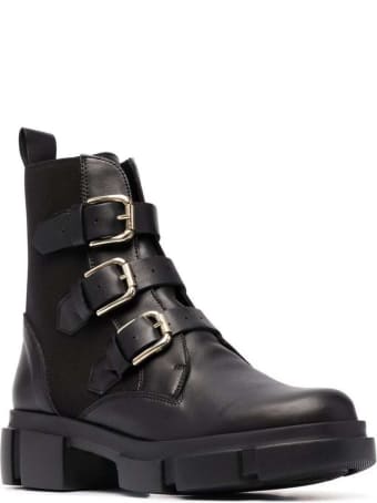 Pollini Black Leather And Fabric Ankle Boots With Buckles