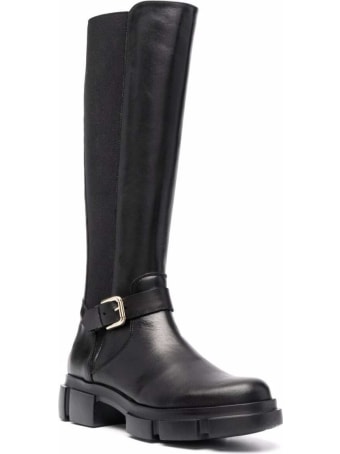 Pollini Black Leather Boots With Side Buckle