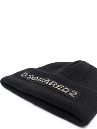 Dsquared2 Black Wool Beanie With Rhinestones Logo