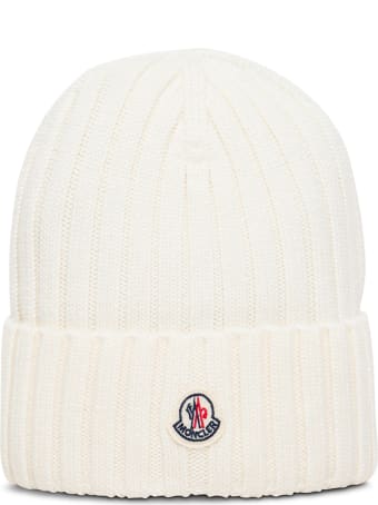 Moncler White Wool Hat With Logo Patch