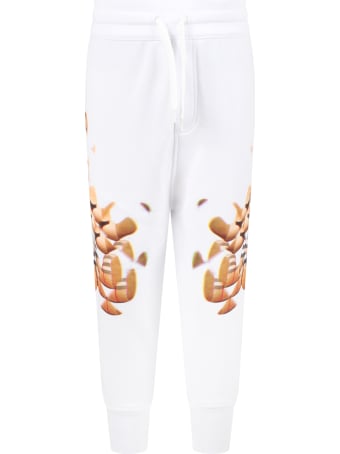 Burberry White Sweatpants For Kids With Iconic Teddy Bear