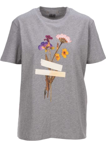 Golden Goose Gray Melange Journey Collection T-shirt With Floral Bouquet And Scotch Tape Print