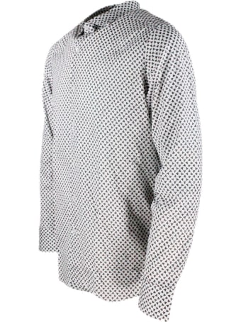 Sonrisa Luxury Shirt In Soft, Precious And Very Fine Stretch Cotton Flower With French Collar In Trefoil Print In Contrasting Color