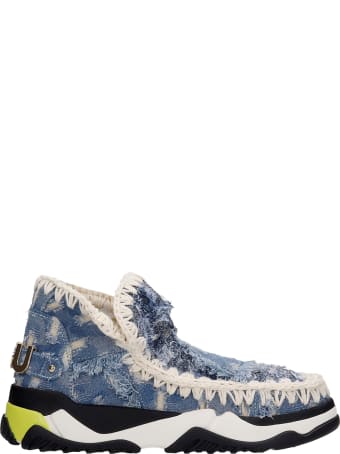 Mou Eskimo Trainer Low Heels Ankle Boots In Cyan Denim