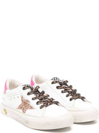 Golden Goose Kid White Super-star Sneakers With Fuchsia Spoiler, Leopard Laces And Pink Glitter Star