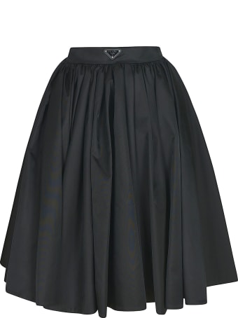 Prada Logo Plaque Flared Pleated Skirt