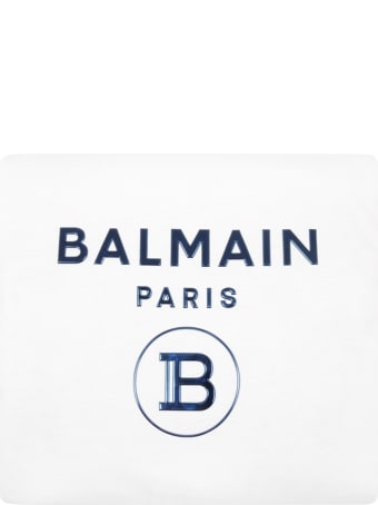 Balmain White Blanket For Babykids With Blue Logo