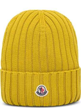 Moncler Yellow Wool Hat With Logo Patch
