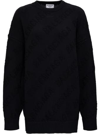 Balenciaga Black Cotton Sweater With Jacquard Logo