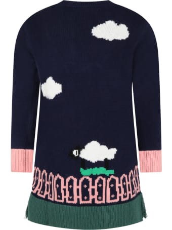 Stella McCartney Kids Blue Dress For Girl With Flower And Clouds