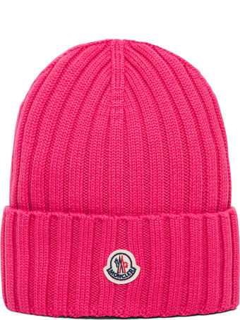 Moncler Pink Wool Hat With Logo Patch